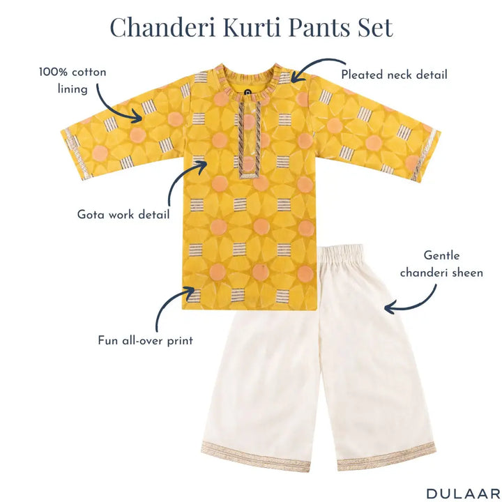 Dulaar Chanderi Kurti Pants Set | Hand Blocked (Gota Work) - Subah ki Dhoop