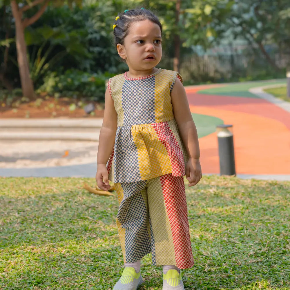 Dulaar Cotton Linen Top &amp; Pants Co-ord Set | Hand-Block Printed - Spot the Checks