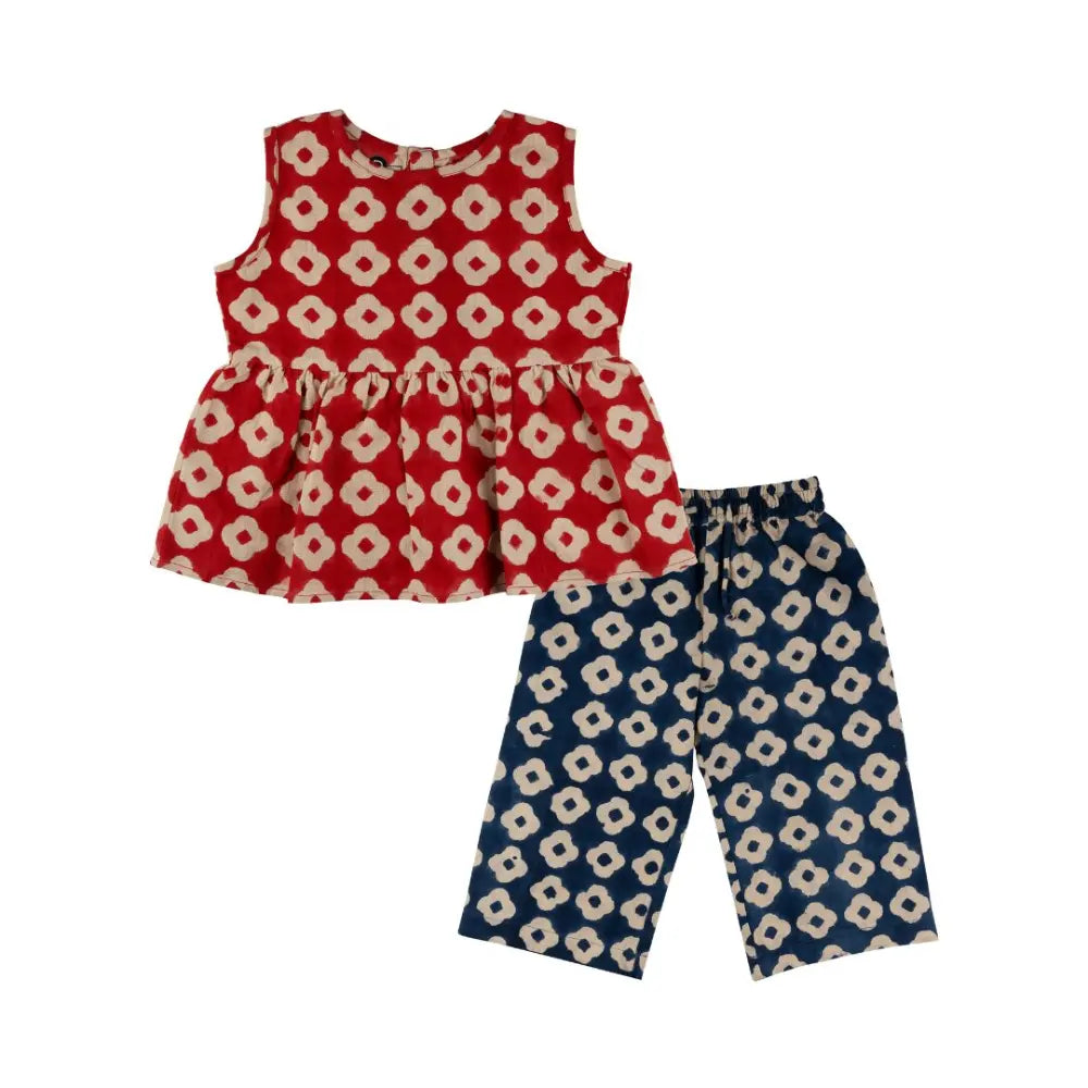 Dulaar Cotton Linen Top &amp; Pants Co-ord Set | Hand-Block Printed - Lucky Clover (Red Blue)