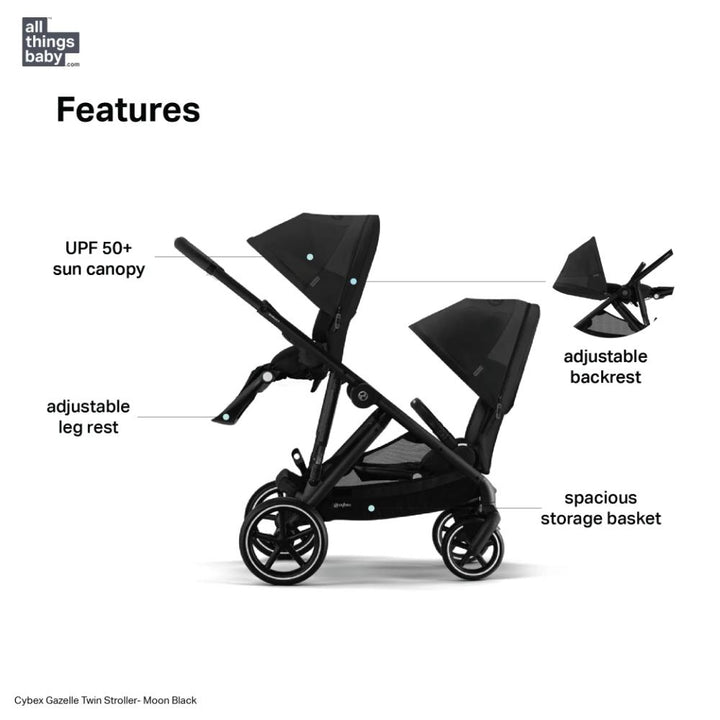 Cybex Gazelle Double Stroller for Twins - Moon Black