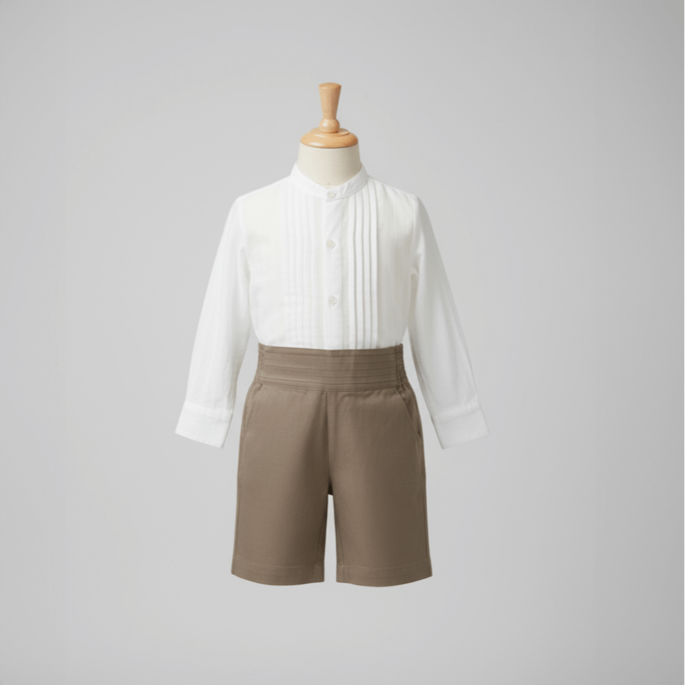 PureCloth.Co Boys Cotton Tuck Co-Ord Set - White &amp; Beige