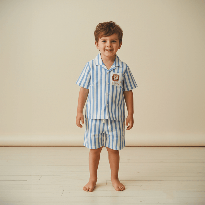 PureCloth.Co Bumble Buzz Boys Cotton Co-Ord Set - Blue Stripe