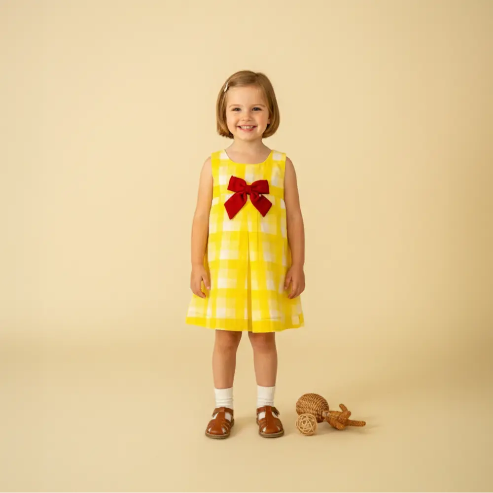 PureCloth.Co Vintage Bow Dress for Girls | Yellow Check