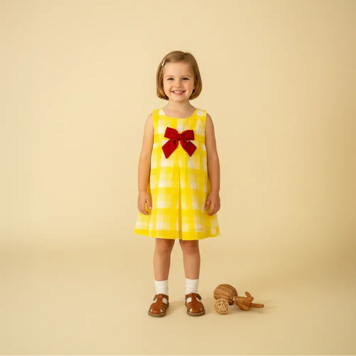 PureCloth.Co Vintage Bow Dress for Girls | Yellow Check