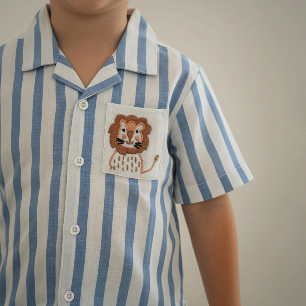 PureCloth.Co Bumble Buzz Boys Cotton Co-Ord Set - Blue Stripe