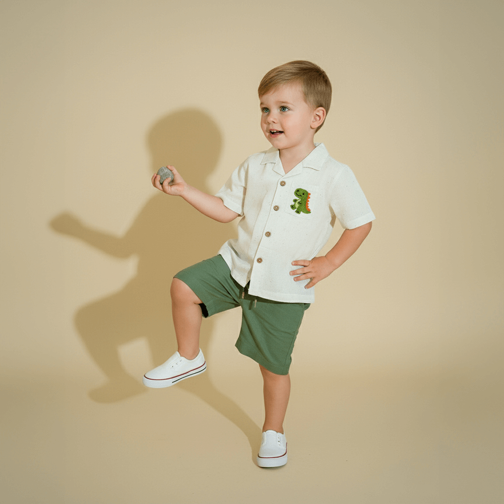 PureCloth.Co Little Safari Boys Cotton Co-Ord Set - Off-White &amp; Green