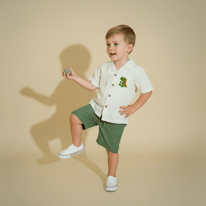 PureCloth.Co Little Safari Boys Cotton Co-Ord Set - Off-White &amp; Green