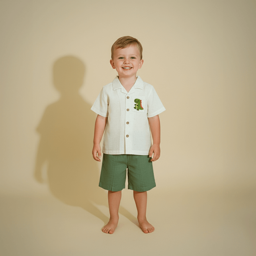 PureCloth.Co Little Safari Boys Cotton Co-Ord Set - Off-White & Green