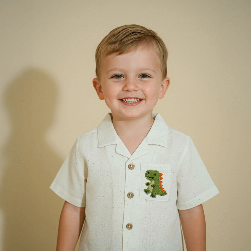 PureCloth.Co Little Safari Boys Cotton Co-Ord Set - Off-White &amp; Green