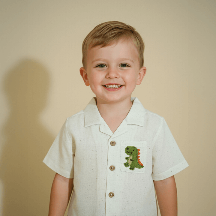 PureCloth.Co Little Safari Boys Cotton Co-Ord Set - Off-White &amp; Green