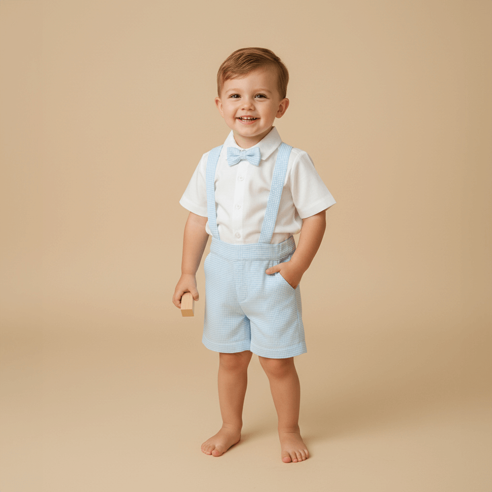 PureCloth.Co Tiny Tux Set Boys Cotton Suspender Set - White &amp; Blue