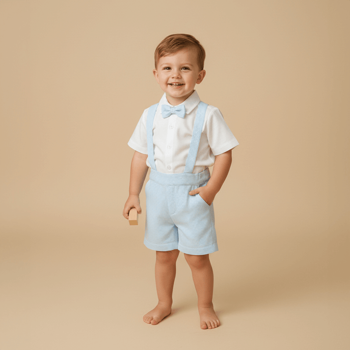 PureCloth.Co Tiny Tux Set Boys Cotton Suspender Set - White &amp; Blue