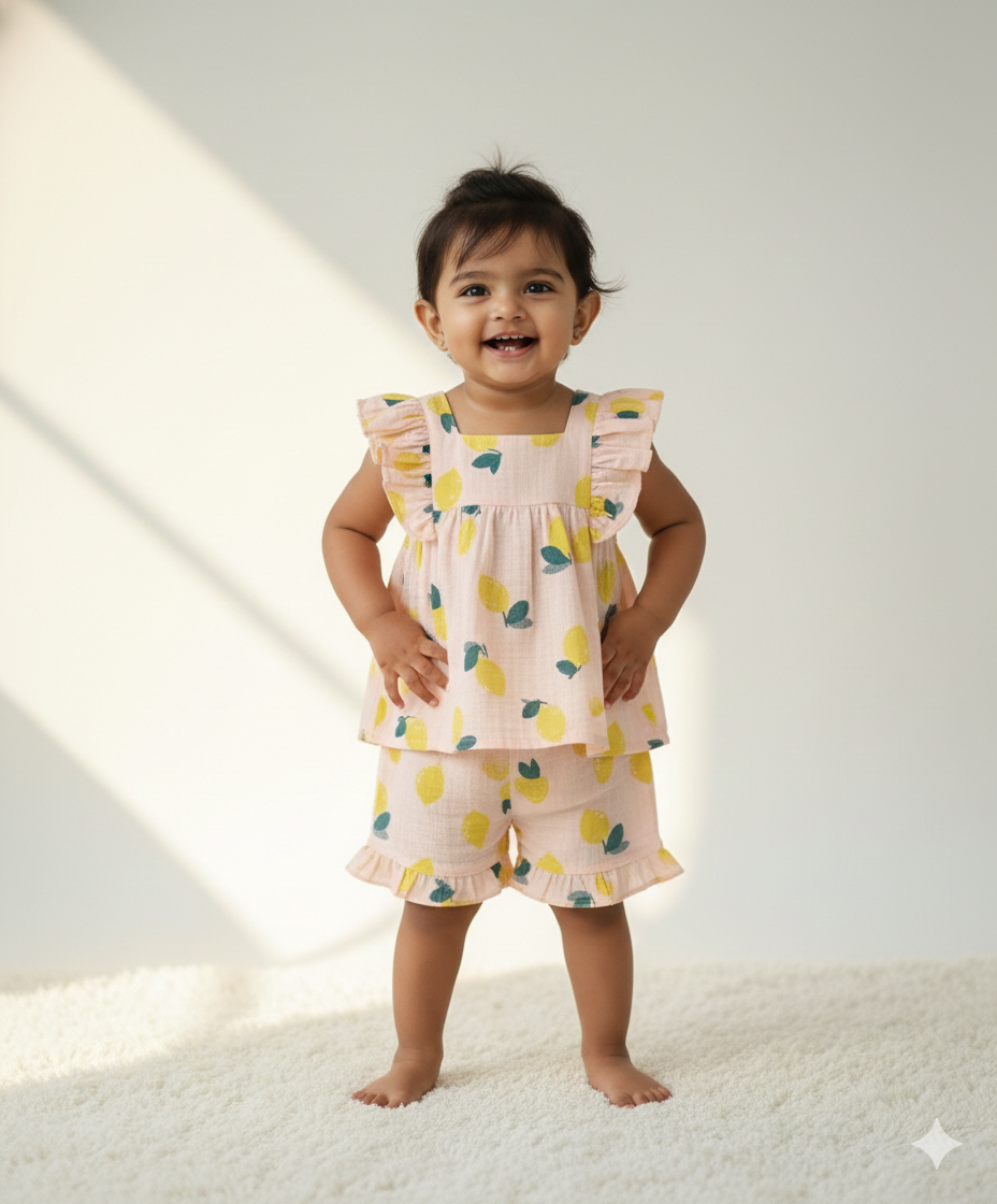 Sweetlime By AS Yellow Lemon Print Ruffle Organic Cotton Co-ord Set