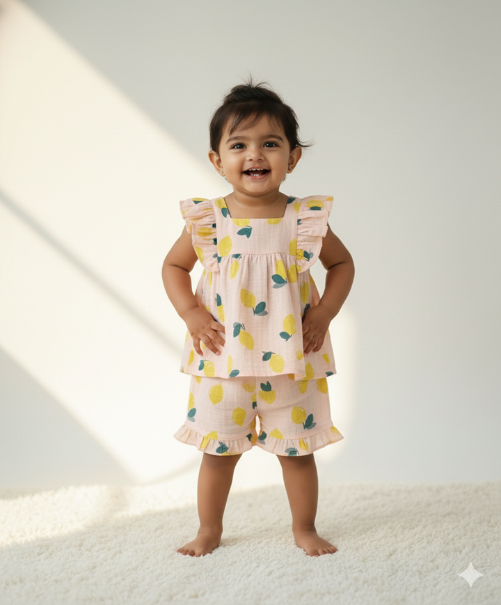 Sweetlime By AS Yellow Lemon Print Ruffle Organic Cotton Co-ord Set