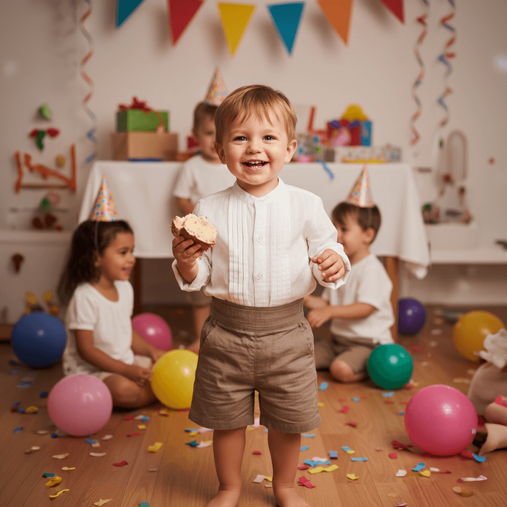 PureCloth.Co Boys Cotton Tuck Co-Ord Set - White &amp; Beige