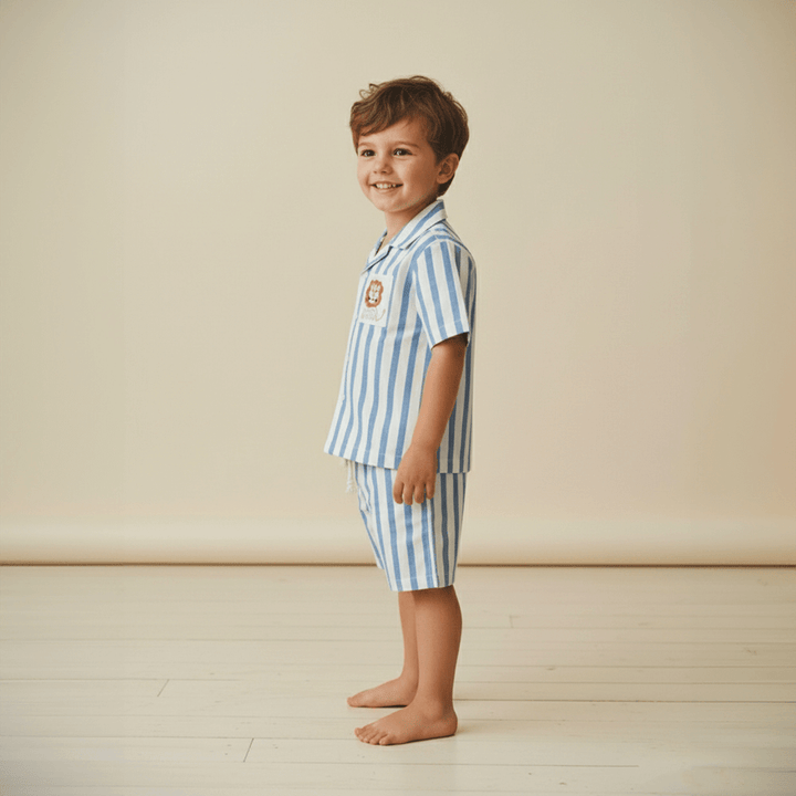PureCloth.Co Bumble Buzz Boys Cotton Co-Ord Set - Blue Stripe
