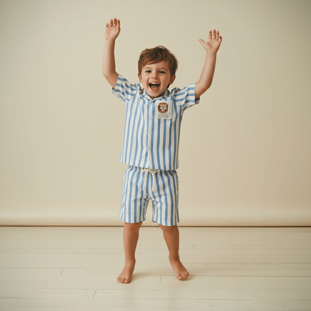 PureCloth.Co Bumble Buzz Boys Cotton Co-Ord Set - Blue Stripe