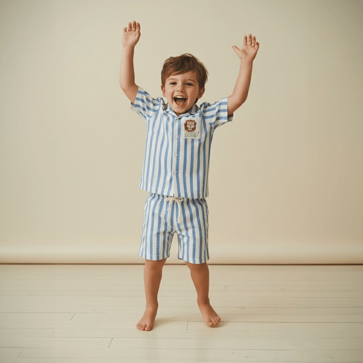 PureCloth.Co Bumble Buzz Boys Cotton Co-Ord Set - Blue Stripe