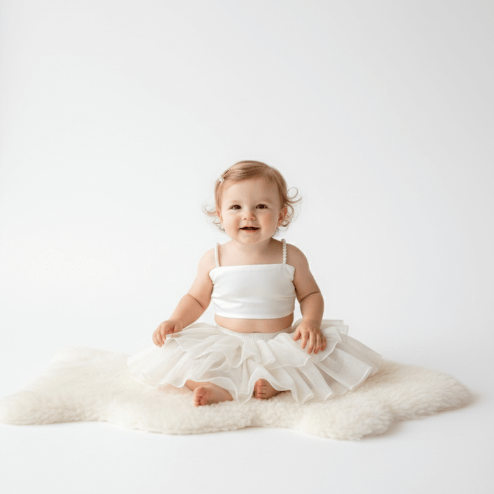 PureCloth.Co Kota Silk Tiered Skirt Model Top Set for Girls - Off-White