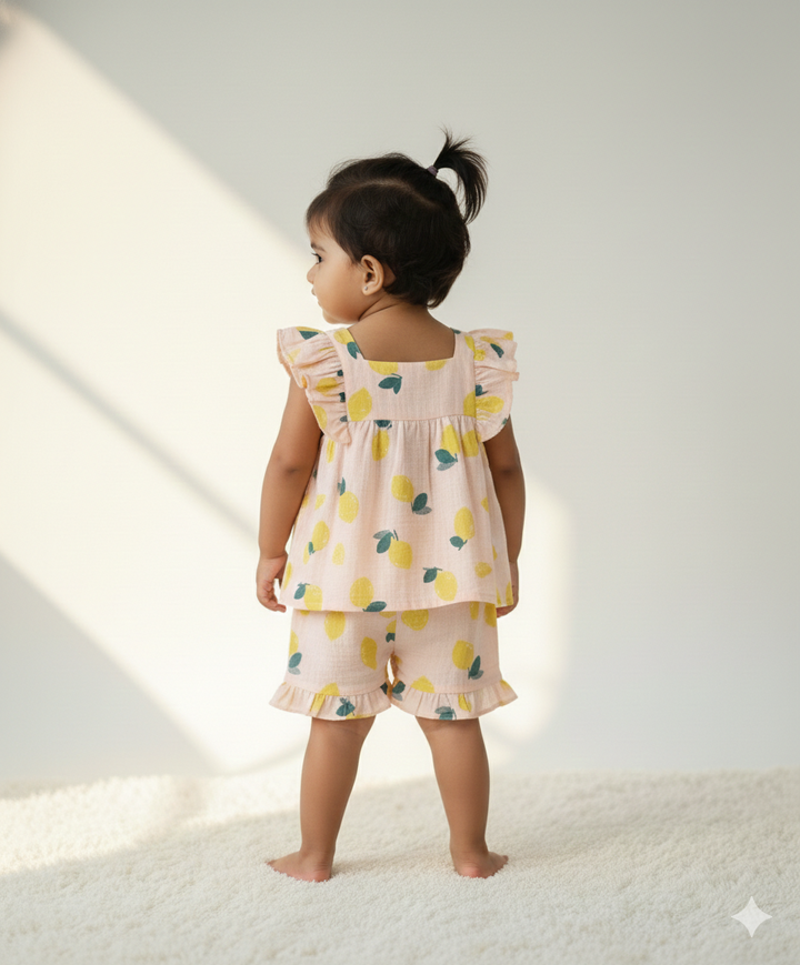 Sweetlime By AS Yellow Lemon Print Ruffle Organic Cotton Co-ord Set