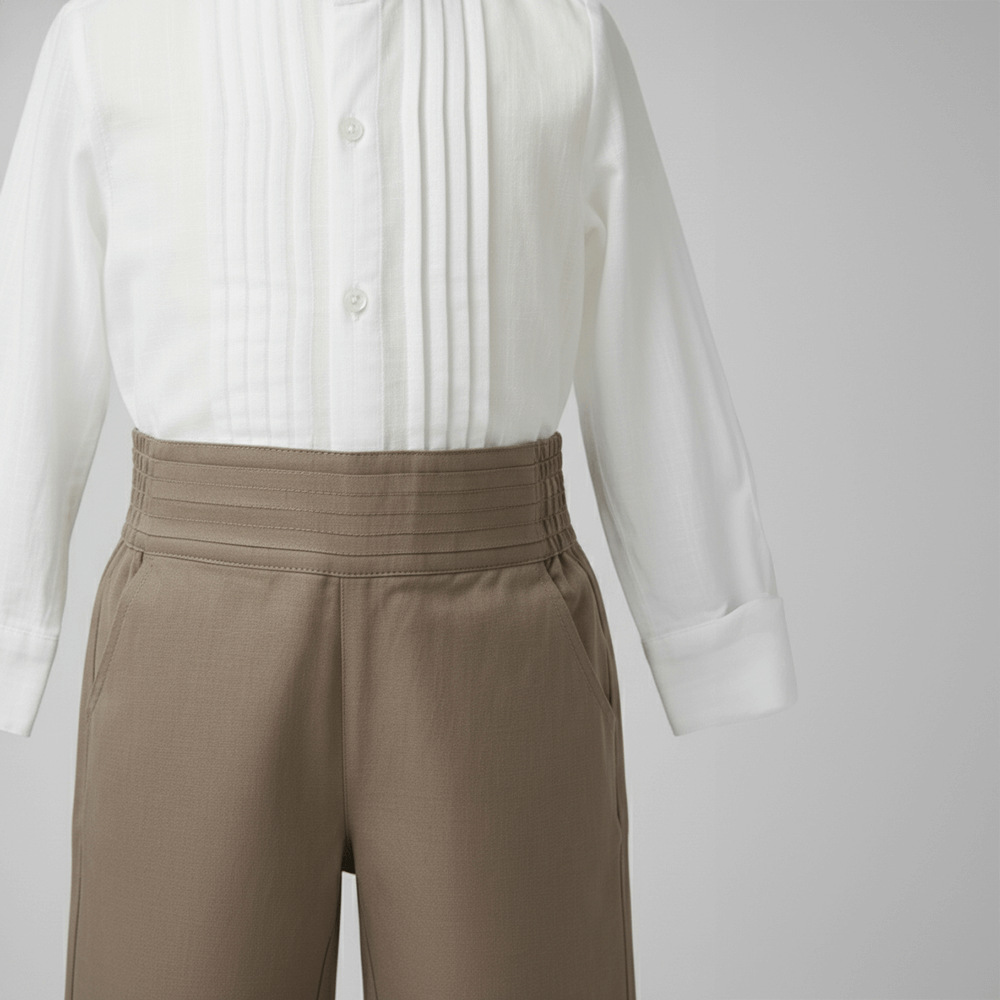 PureCloth.Co Boys Cotton Tuck Co-Ord Set - White &amp; Beige