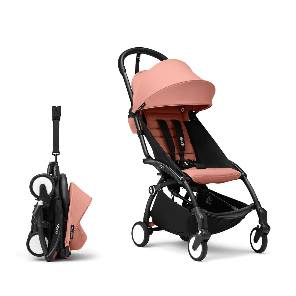 Stokke YOYO3 Stroller | Lightweight Compact Travel Stroller for Babies | Cabin Friendly &amp; Foldable | UPF 50+ Sun Protection | 5 Point Safety Harness | Award Winning Design | YOYO Stroller India | 6 Months to 4 Years - Black/Ginger
