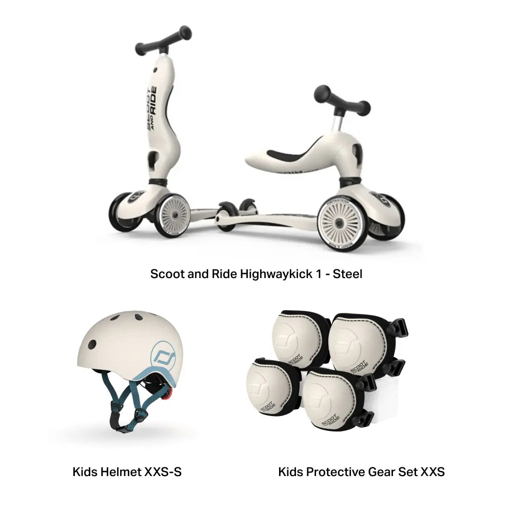 Scoot &amp; Ride Highwaykick 1 Kids Scooter with Helmet &amp; Protective Gear Set | Convertible Ride-On Scooter with Adjustable Helmet, Knee &amp; Elbow Pads | Ideal for Toddlers &amp; Kids - Ash