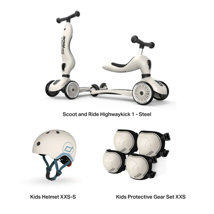 Scoot &amp; Ride Highwaykick 1 Kids Scooter with Helmet &amp; Protective Gear Set | Convertible Ride-On Scooter with Adjustable Helmet, Knee &amp; Elbow Pads | Ideal for Toddlers &amp; Kids - Ash