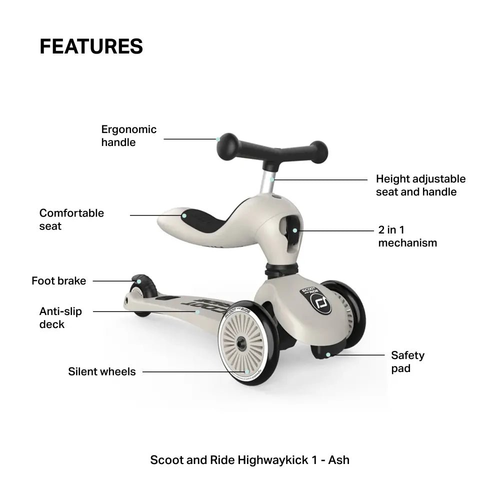 Scoot &amp; Ride Highwaykick 1 Kids Scooter with Helmet &amp; Protective Gear Set | Convertible Ride-On Scooter with Adjustable Helmet, Knee &amp; Elbow Pads | Ideal for Toddlers &amp; Kids - Ash