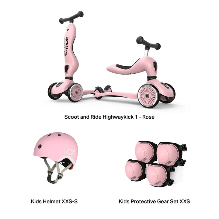 Scoot &amp; Ride Highwaykick 1 Kids Scooter with Helmet &amp; Protective Gear Set | Convertible Ride-On Scooter with Adjustable Helmet, Knee &amp; Elbow Pads | Ideal for Toddlers &amp; Kids - Rose