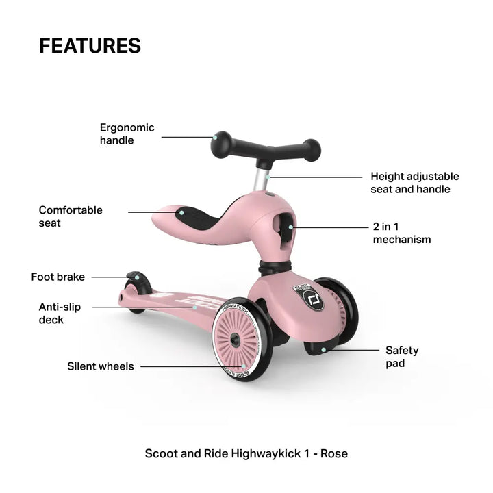 Scoot &amp; Ride Highwaykick 1 Kids Scooter with Helmet &amp; Protective Gear Set | Convertible Ride-On Scooter with Adjustable Helmet, Knee &amp; Elbow Pads | Ideal for Toddlers &amp; Kids - Rose