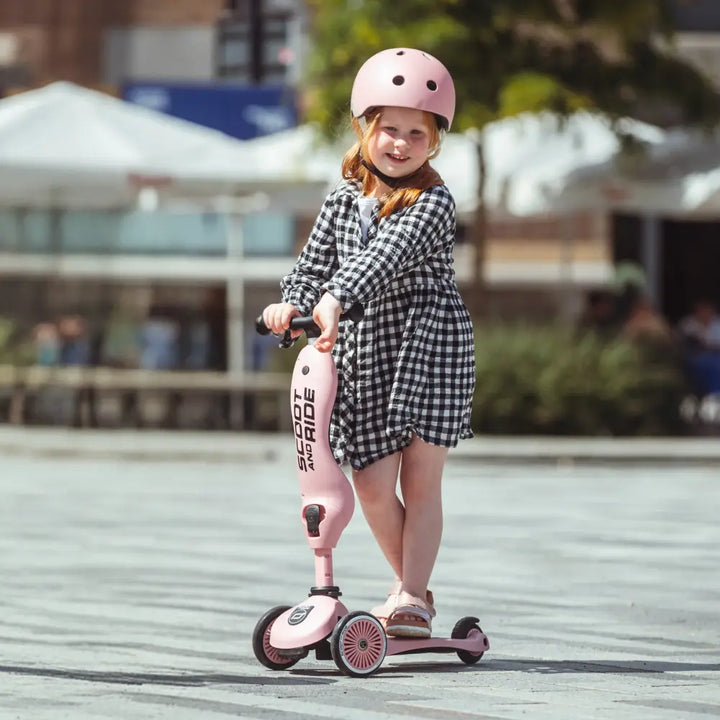 Scoot &amp; Ride Highwaykick 1 Kids Scooter with Helmet &amp; Protective Gear Set | Convertible Ride-On Scooter with Adjustable Helmet, Knee &amp; Elbow Pads | Ideal for Toddlers &amp; Kids - Rose