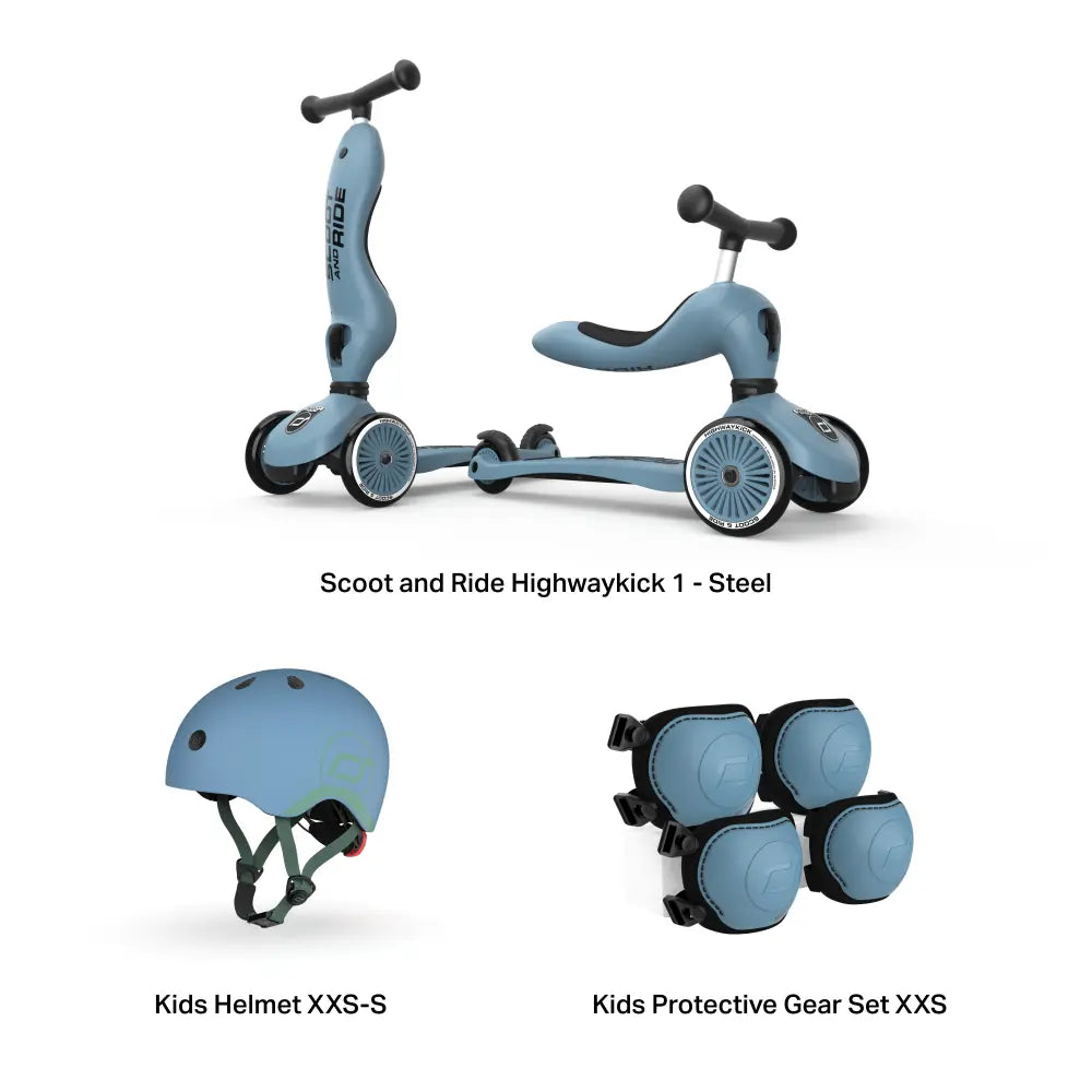 Scoot &amp; Ride Highwaykick 1 Kids Scooter with Helmet &amp; Protective Gear Set | Convertible Ride-On Scooter with Adjustable Helmet, Knee &amp; Elbow Pads | Ideal for Toddlers &amp; Kids - Steel