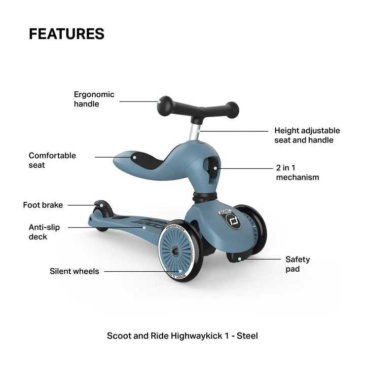 Scoot &amp; Ride Highwaykick 1 Kids Scooter with Helmet &amp; Protective Gear Set | Convertible Ride-On Scooter with Adjustable Helmet, Knee &amp; Elbow Pads | Ideal for Toddlers &amp; Kids - Steel