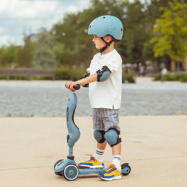 Scoot &amp; Ride Highwaykick 1 Kids Scooter with Helmet &amp; Protective Gear Set | Convertible Ride-On Scooter with Adjustable Helmet, Knee &amp; Elbow Pads | Ideal for Toddlers &amp; Kids - Steel