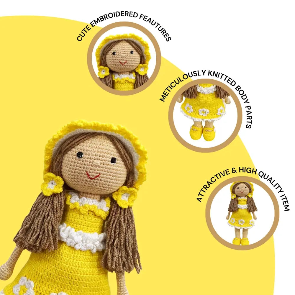 Happy Threads Sunshine Crochet Doll – 100% Handmade 17" Soft Toy for Kids, Child-Safe Cotton Yarn