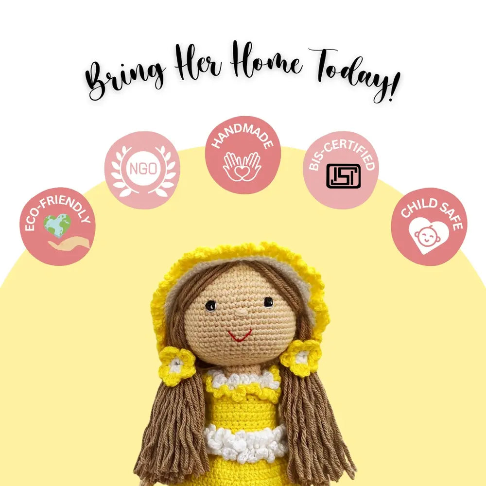Happy Threads Sunshine Crochet Doll – 100% Handmade 17" Soft Toy for Kids, Child-Safe Cotton Yarn