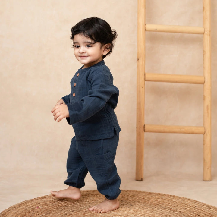 Cot &amp; Candy Baby Organic Muslin Long Sleeve Lounge Set - Denim