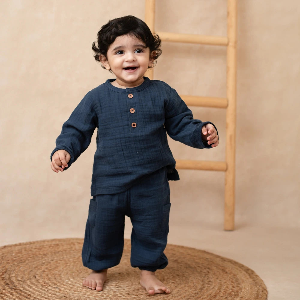 Cot &amp; Candy Baby Organic Muslin Long Sleeve Lounge Set - Denim