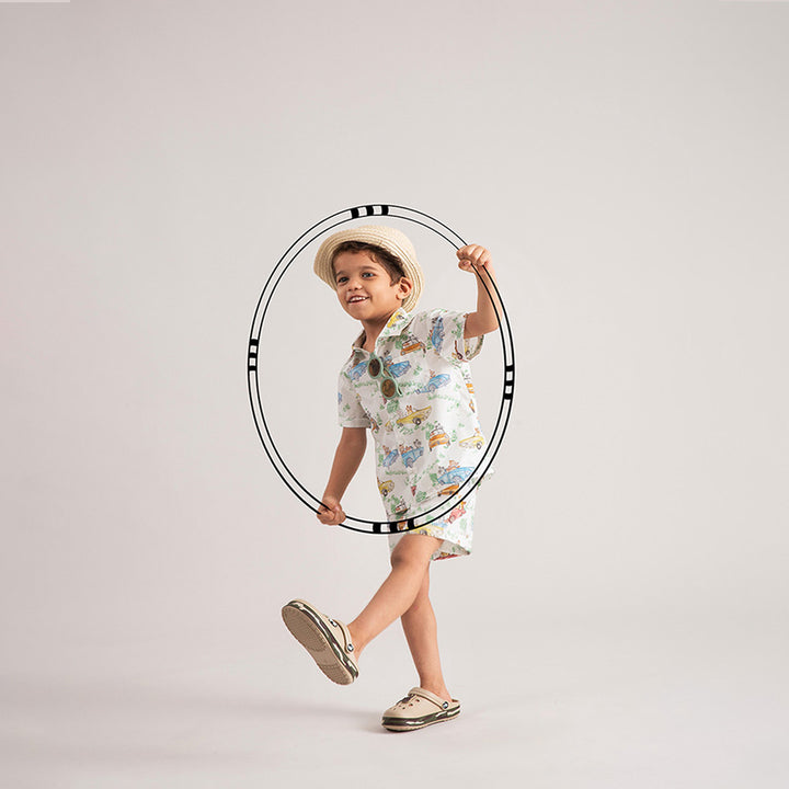 The Baby Trunk Cotton Co-ord Set : Car print shirt and shorts