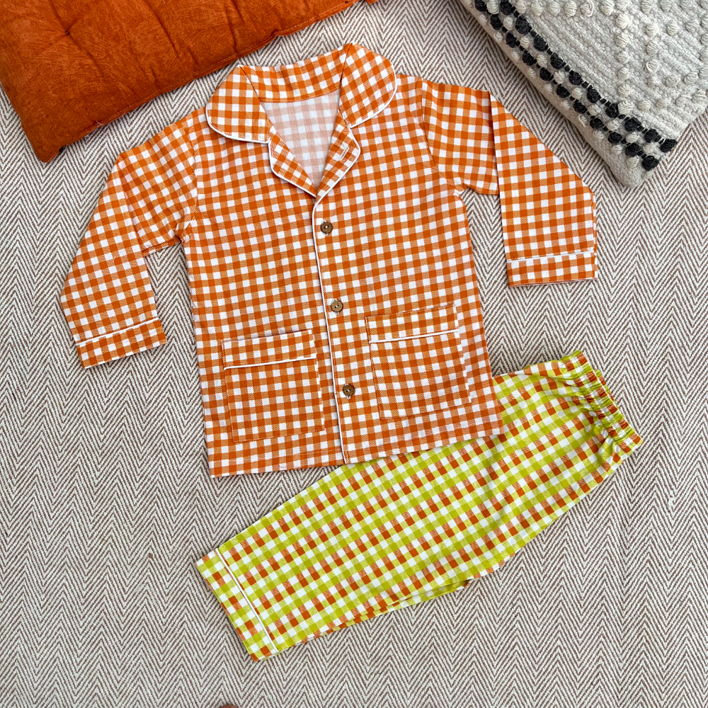 Bhaakur Organic Cotton Orange Checks Night Suit