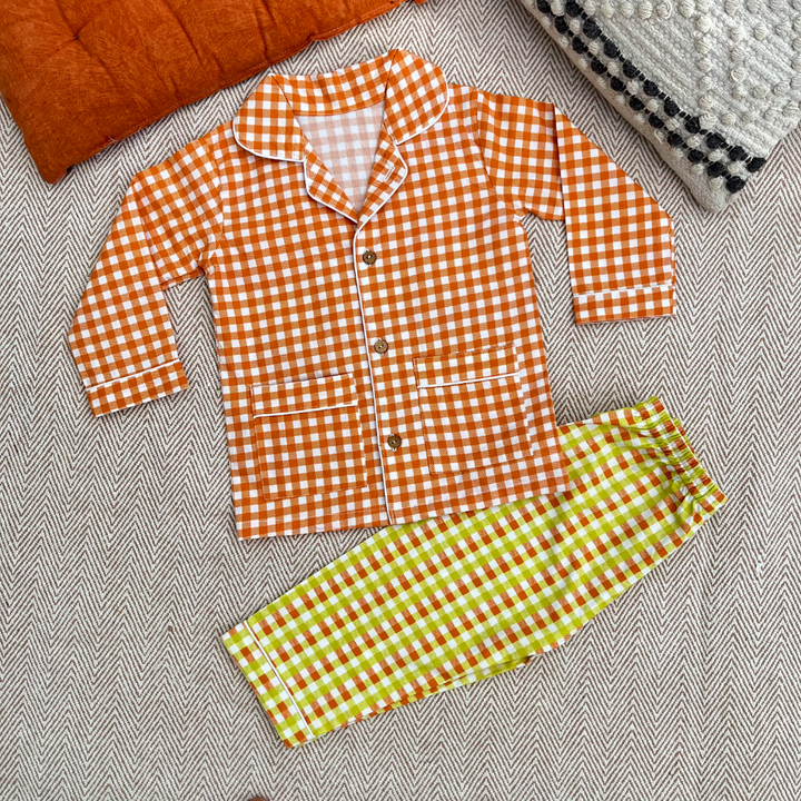 Bhaakur Organic Cotton Orange Checks Night Suit