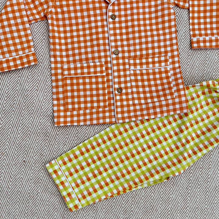Bhaakur Organic Cotton Orange Checks Night Suit