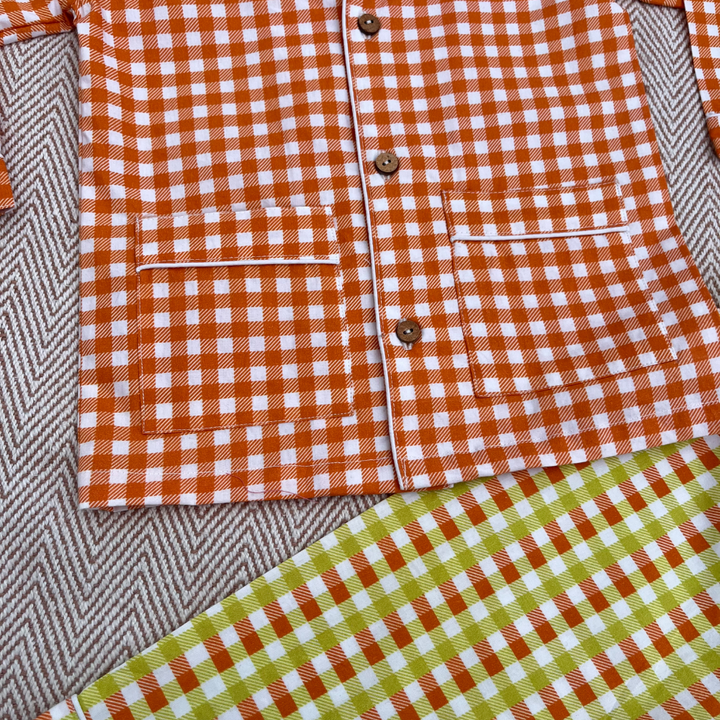 Bhaakur Organic Cotton Orange Checks Night Suit