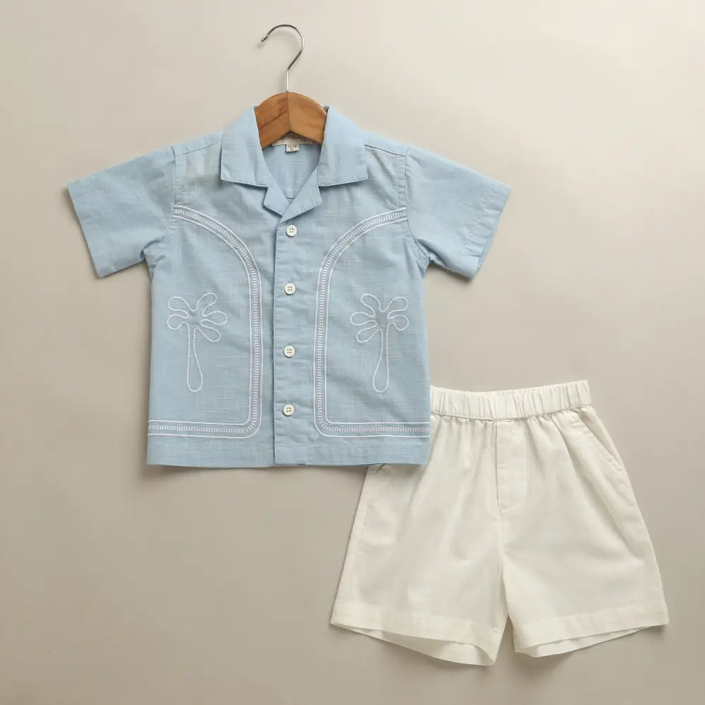 Sweetlime By AS Baby Boys Blue Palm Embroidered Shirt &amp; Shorts Co-Ord Set Blue &amp; White