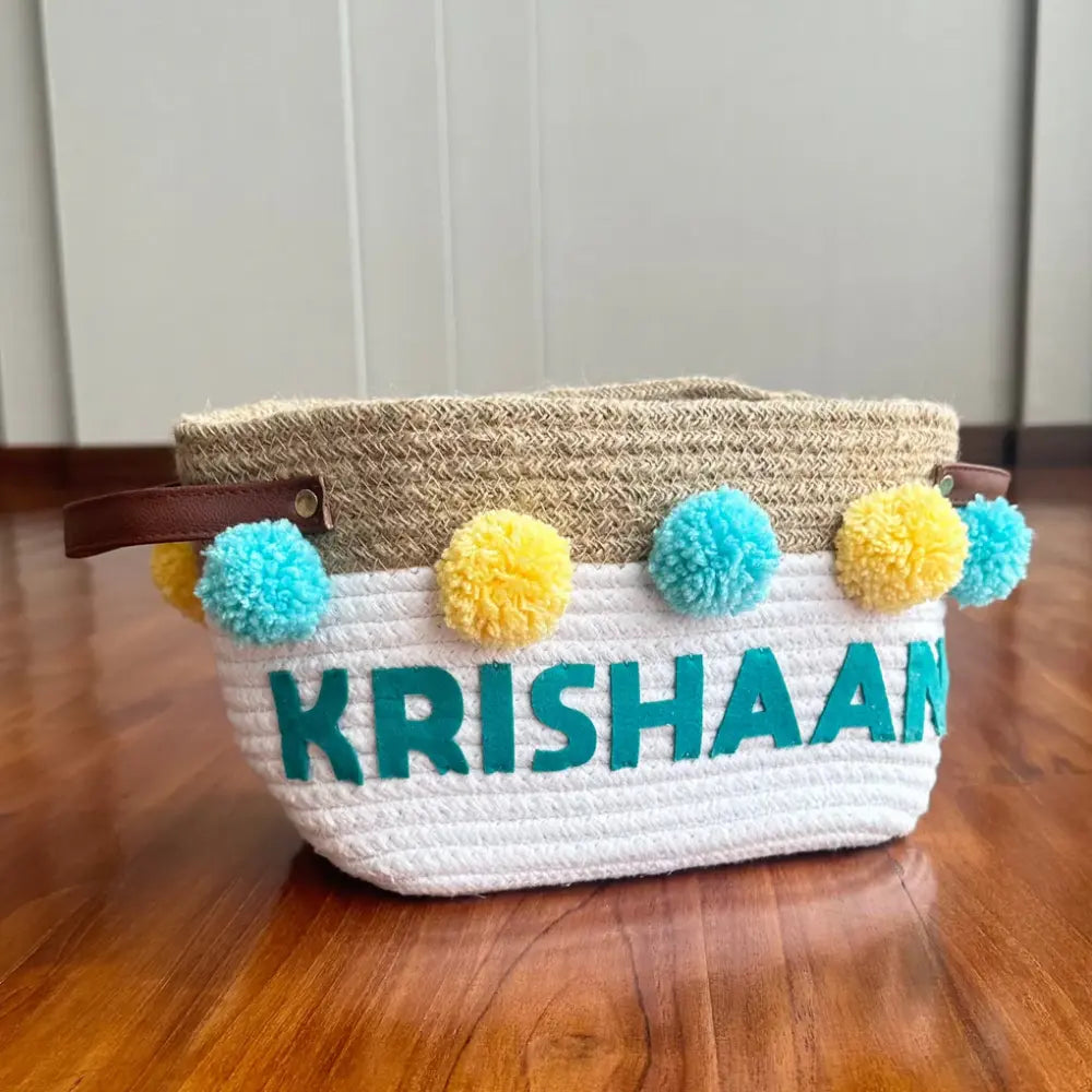 Jute &amp; Cotton Rope Basket Small with Yellow and Teal Pom Poms