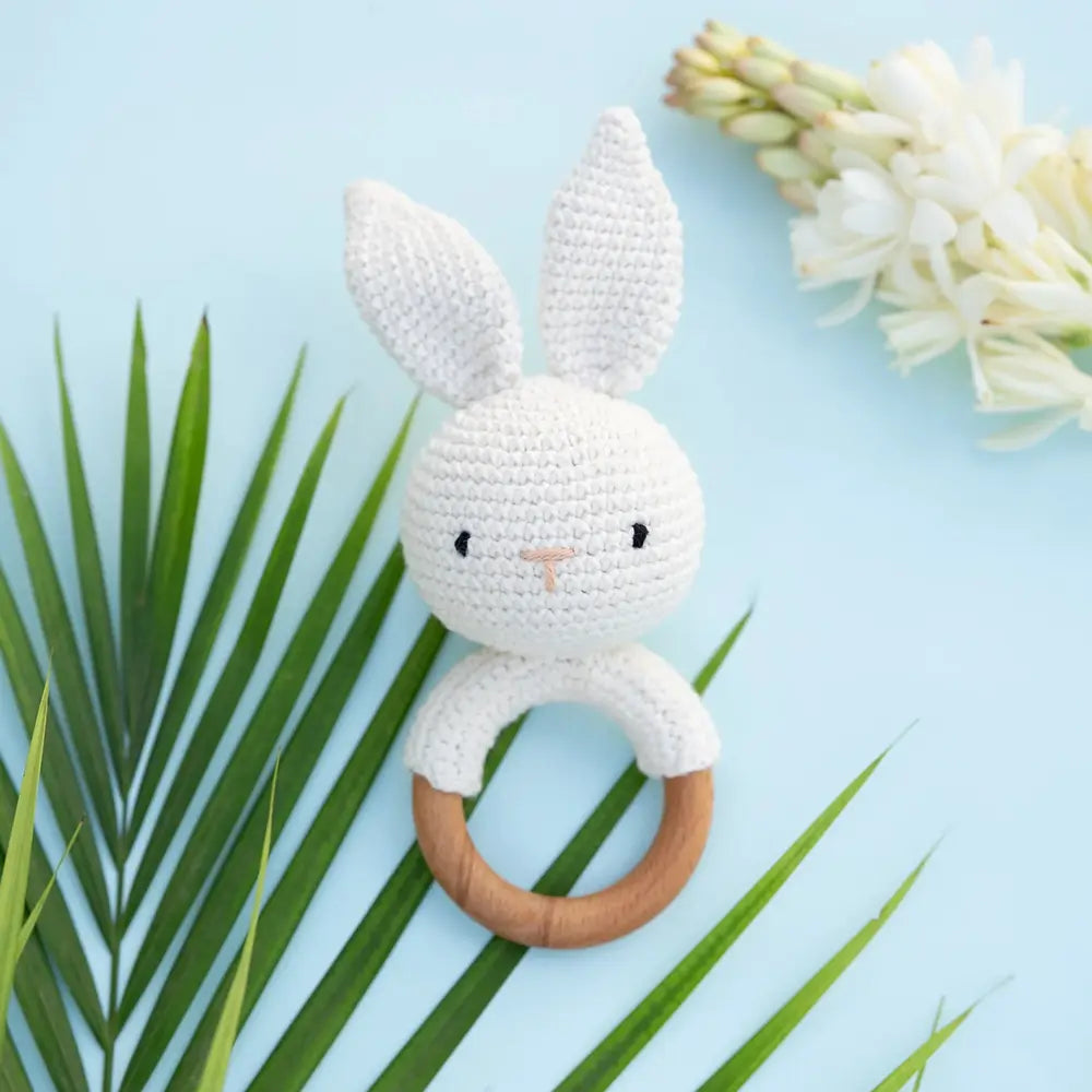 PureCloth.Co Timber Tots Crochet Bunny Rattle / Teether - Off-White