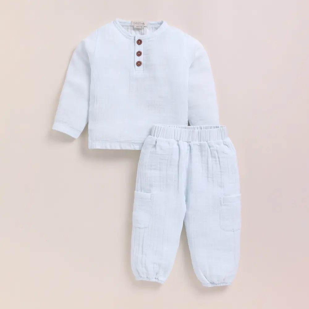 Cot &amp; Candy Baby Organic Muslin Long Sleeve Henley Tshirt With Lounge Pant Set-Icemelt