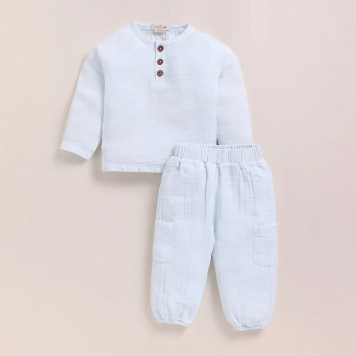 Cot &amp; Candy Baby Organic Muslin Long Sleeve Henley Tshirt With Lounge Pant Set-Icemelt