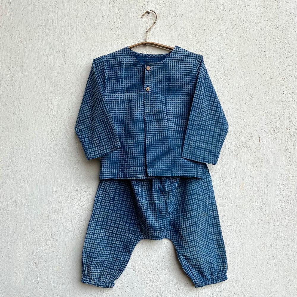 Whitewater Kids Unisex Organic Indigo Checks Kurta Set